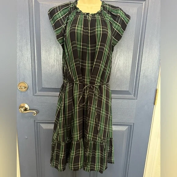 LOFT Plaid Cap Sleeve Flounce Dress Green/Navy Size 12 - Picture 2 of 9
